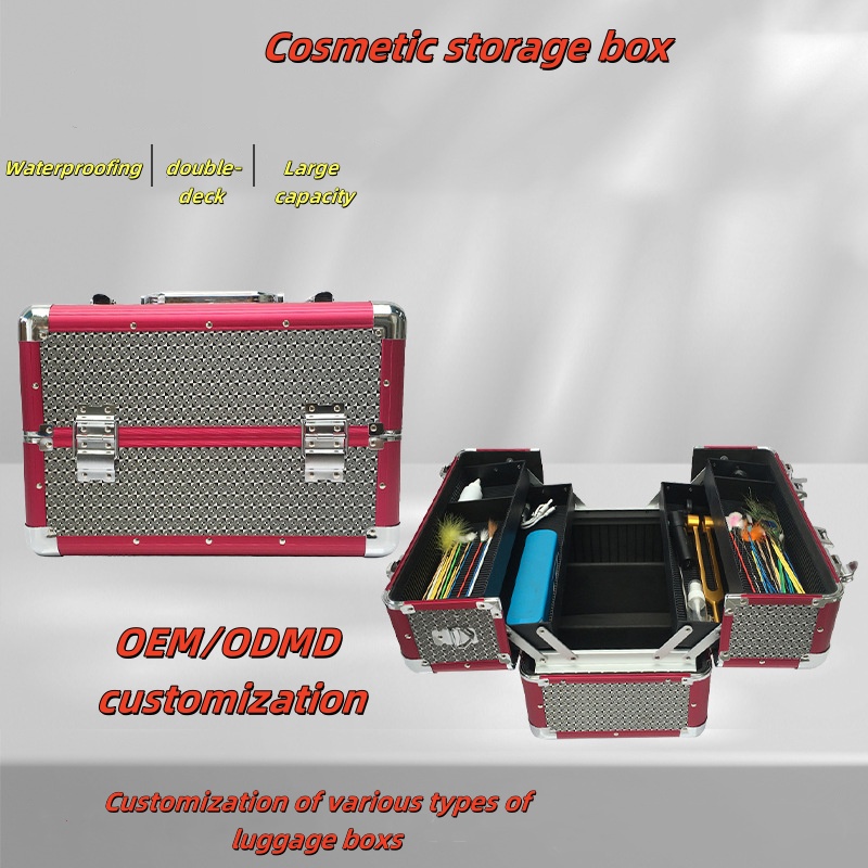 Large capacity aluminum alloy portable makeup box, embroidered beauty, nail and eyelash beauty toolbox, makeup home storage box